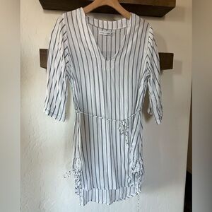 Faithfull the brand|White lightly striped tunic top or beach coverup,& tie waist